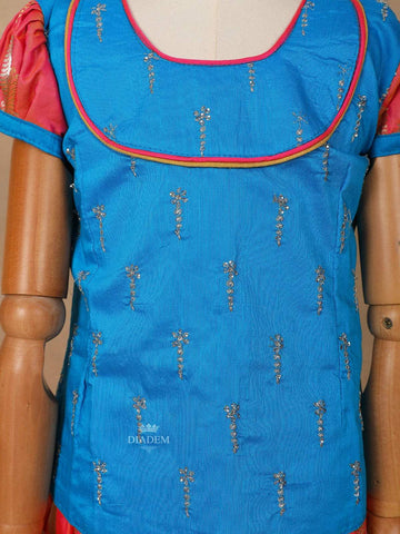 Pink and Blue Silk Pattu Pavadai Set Adorned with Zariwork - Diadem