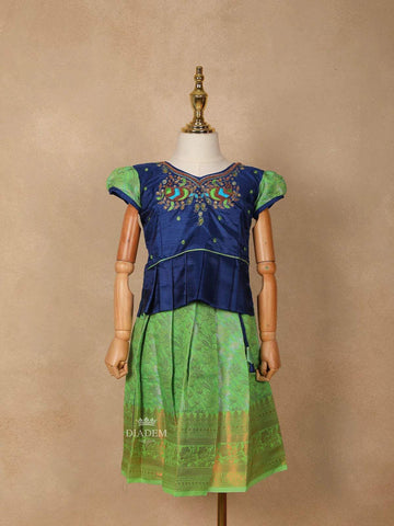 Green with Navy Blue Silk Pattu Pavadai Adorned with Embroidery and Zariwork - Diadem