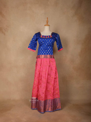 Pink and Royal Blue Silk Pattu Pavadai Adorned with Zariwork - Diadem