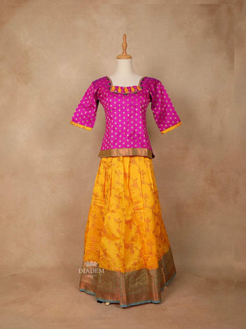 Orange and Pink Silk Pattu Pavadai Set Adorned with Stones and Zariwork - Diadem