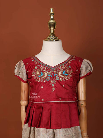 Peach and Maroon Silk Pattu Pavadai Adorned with Floral Embroidery and Zariwork - Diadem