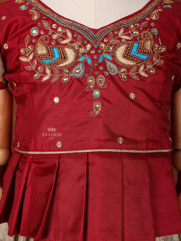 Peach and Maroon Silk Pattu Pavadai Adorned with Floral Embroidery and Zariwork - Diadem