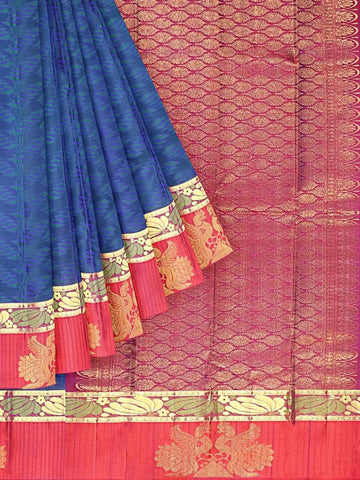 Royal Blue Pure Kanchipuram Bridal Silk Saree with Floral Motif on the body and Contrast Zari Border - Diadem