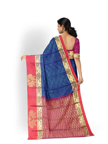 Royal Blue Pure Kanchipuram Bridal Silk Saree with Floral Motif on the body and Contrast Zari Border - Diadem
