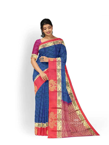 Royal Blue Pure Kanchipuram Bridal Silk Saree with Floral Motif on the body and Contrast Zari Border - Diadem