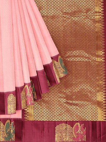 Light Peach Pure Kanchipuram Bridal Silk Saree with Zari Brocade on the body and Contrast Zari Border - Diadem