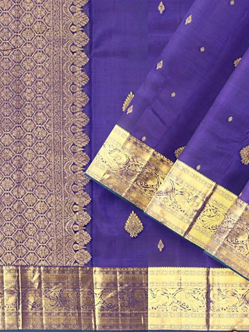 Royal Blue Pure Kanchipuram Bridal Silk Saree with Floral Motif on the Body with Contrast Zari Border - Diadem