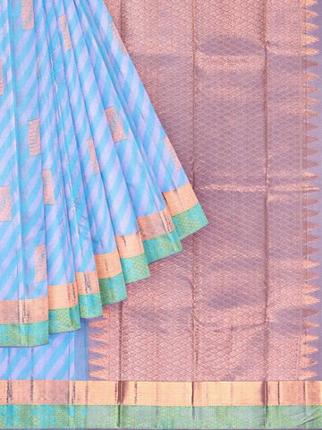 Blue Pure Kanchipuram Bridal Silk Saree with Stripes on the body and Contrast Zari Border - Diadem