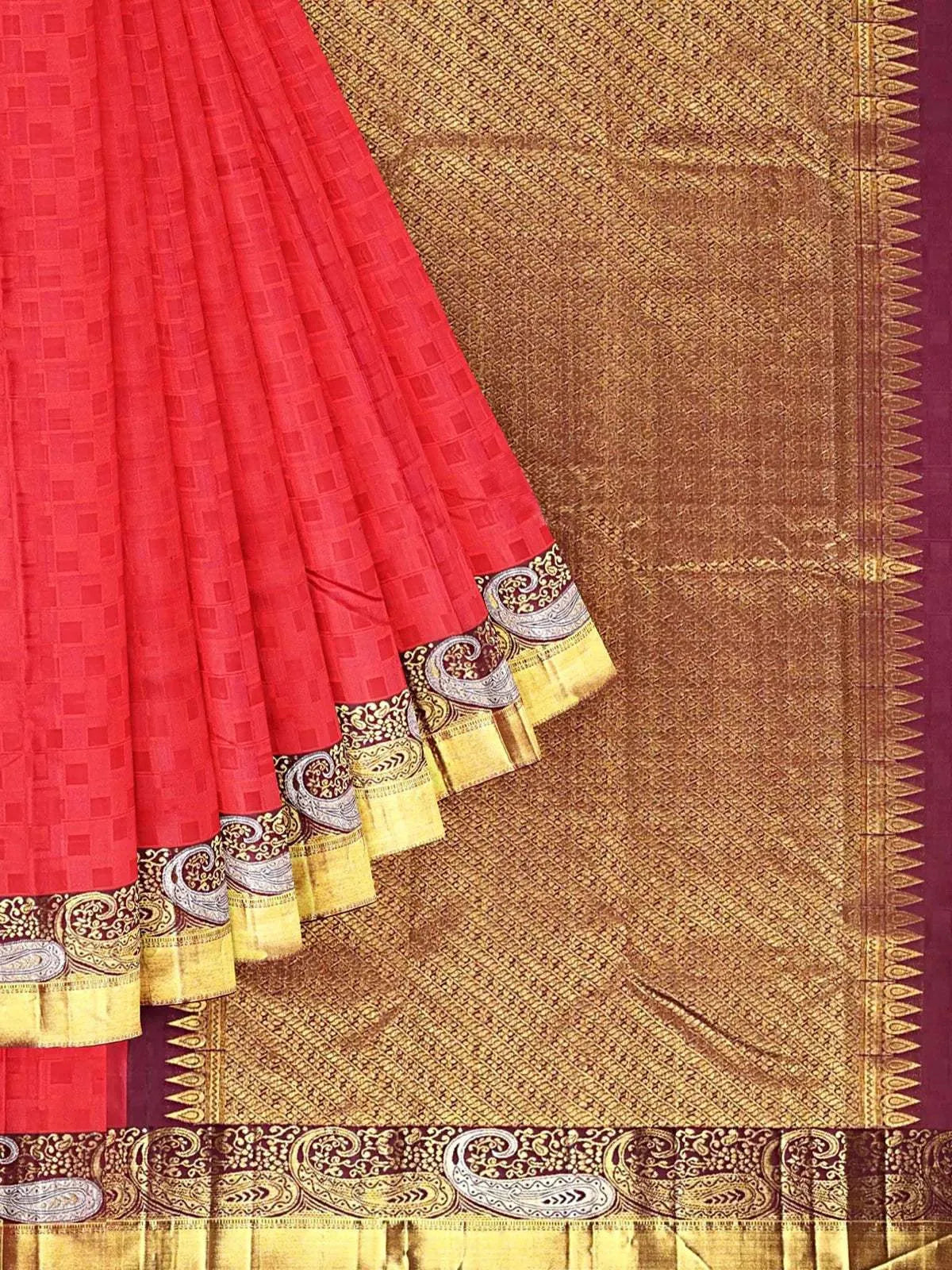 Red Pure Kanchi Pattu Saree with Woven Body and Contrast Zari Border - Diadem