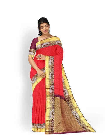 Red Pure Kanchi Pattu Saree with Woven Body and Contrast Zari Border - Diadem