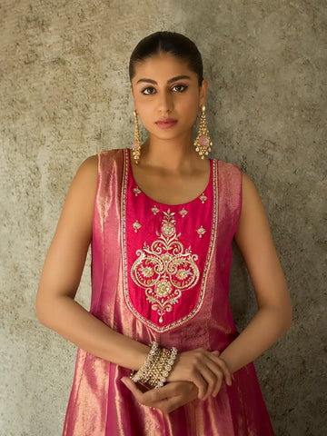 Pink Floral Embroidered Tissue Silk Anarkali Salwar Suit - Diadem