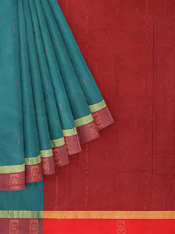 Green Arani Silk Saree with Zari Butta on the Body and Contrast Border - Diadem