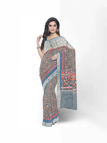 Teal Semi Tussar Silk Saree with Patola Prints on the body and Zari Border - Diadem