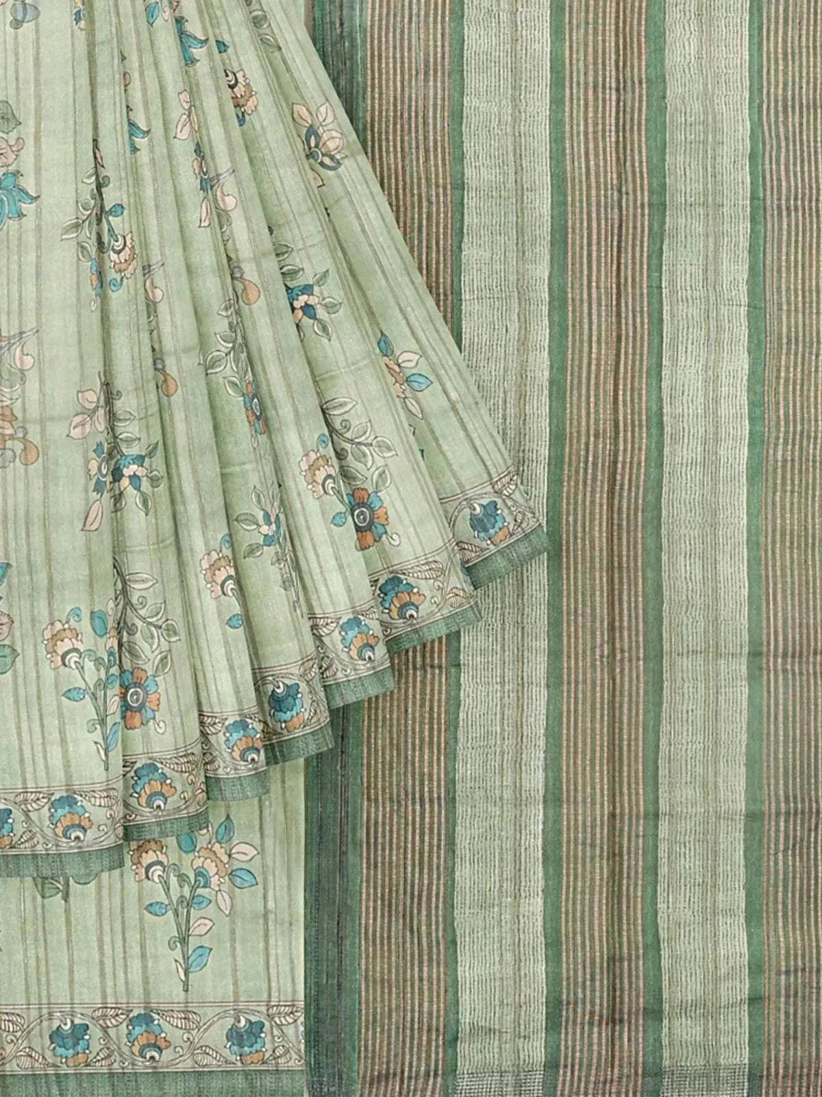 Pista Green Semi Tussar Silk Saree with Floral Prints on the body and Printed Border - Diadem