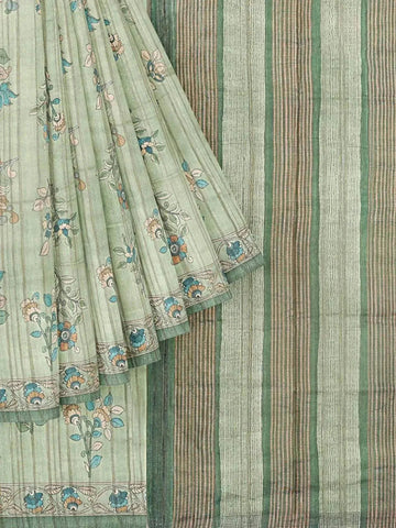 Pista Green Semi Tussar Silk Saree with Floral Prints on the body and Printed Border - Diadem