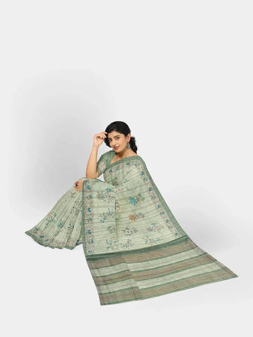 Pista Green Semi Tussar Silk Saree with Floral Prints on the body and Printed Border - Diadem