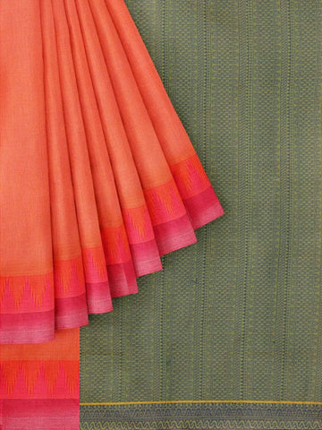 Red Pink Cotton Saree with Temple Motif on the body and Thread Border - Diadem