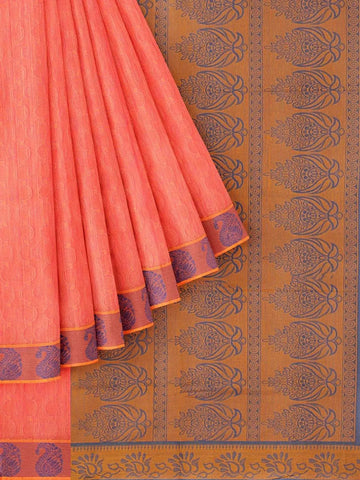 Pink Cotton Saree with Plain body and Floral Thread Border - Diadem