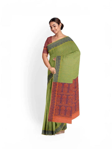 Green Cotton Saree with Paisley Motif on the body and Thread Border - Diadem