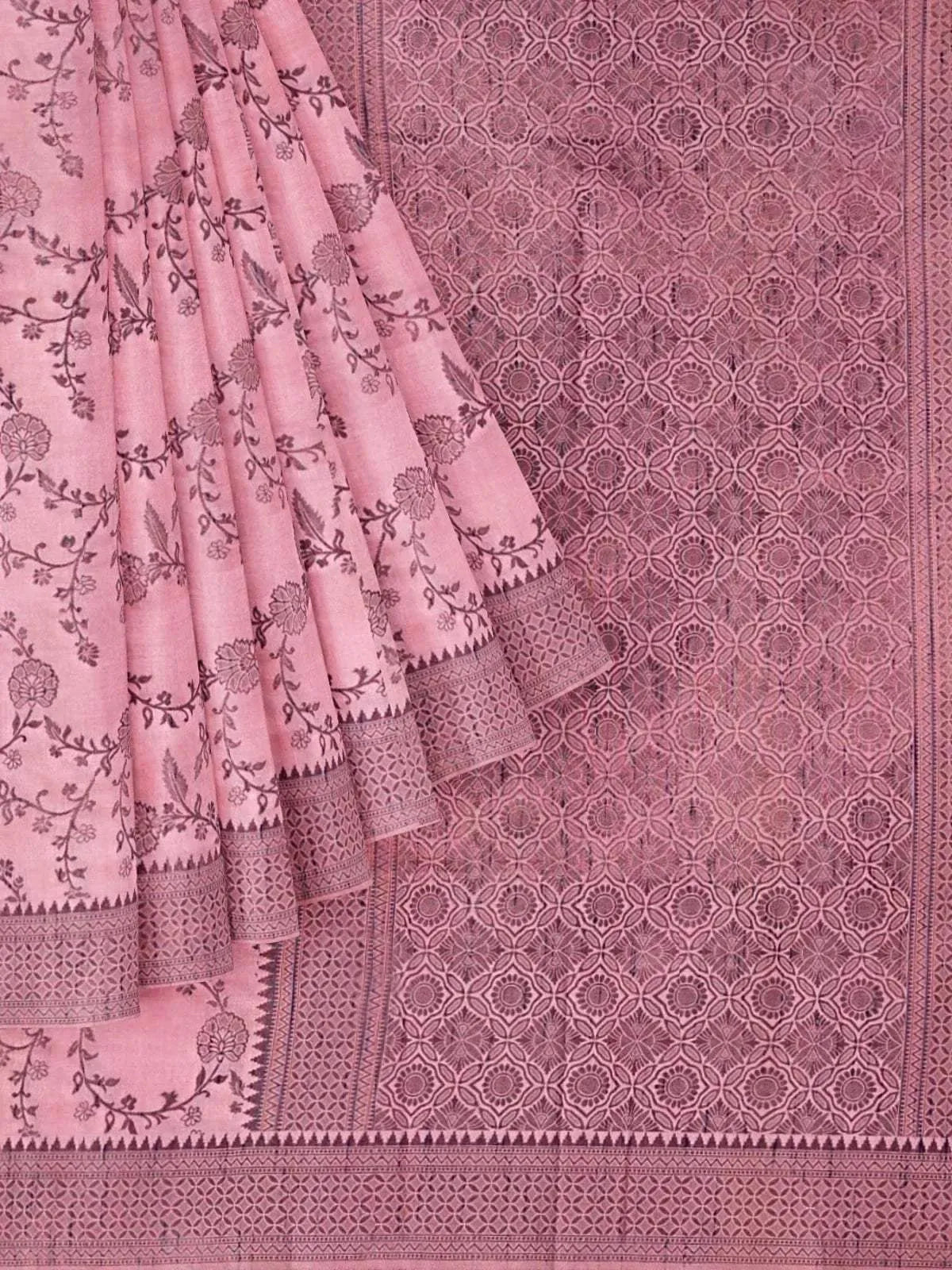 Pink Semi Tussar Silk Saree with Floral Prints on the body and Printed Border - Diadem