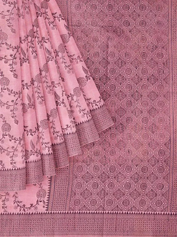 Pink Semi Tussar Silk Saree with Floral Prints on the body and Printed Border - Diadem