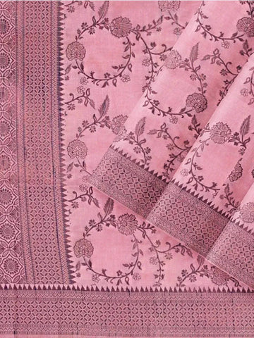 Pink Semi Tussar Silk Saree with Floral Prints on the body and Printed Border - Diadem