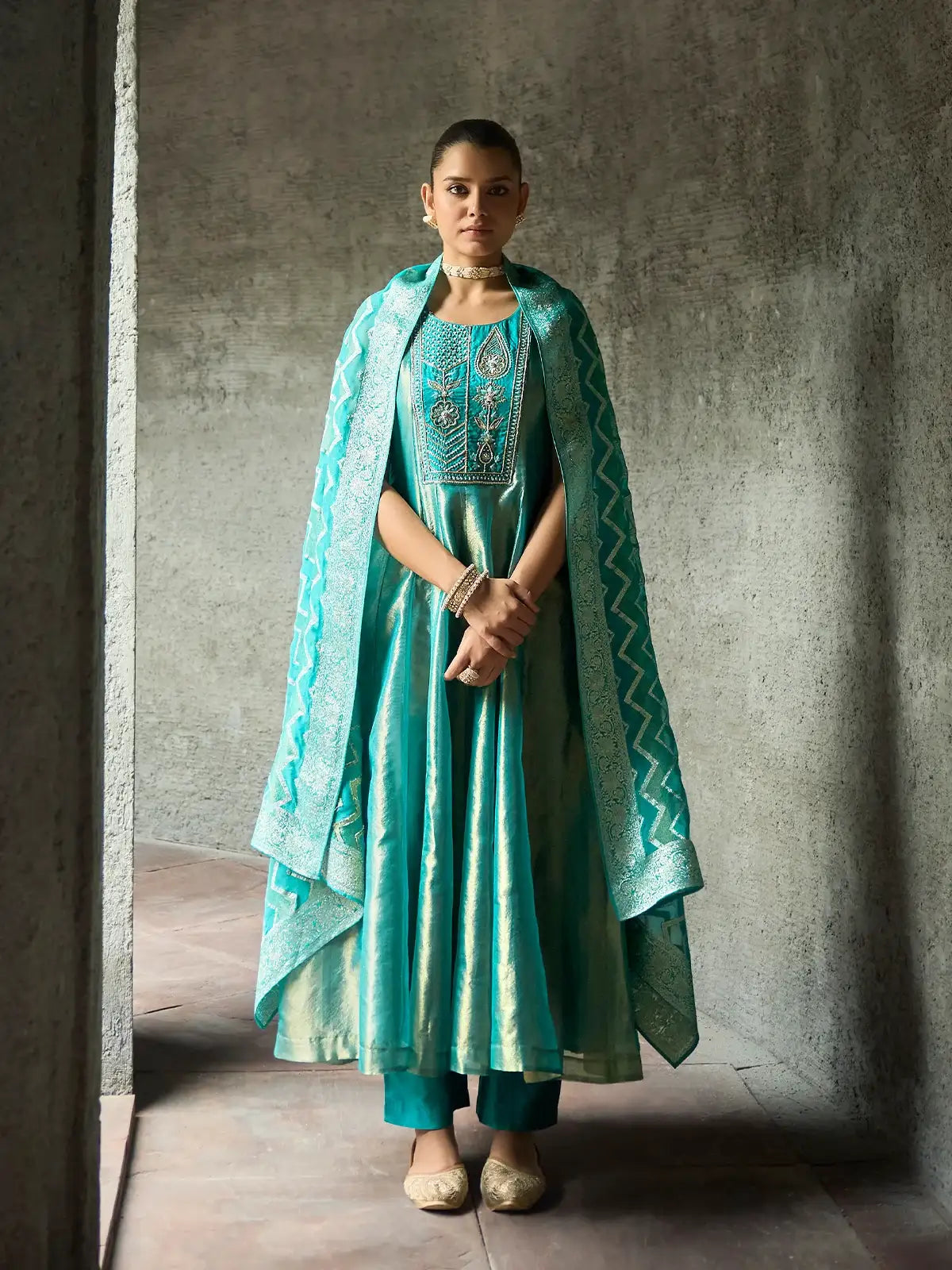 Teal Blue Floral Embroidered Tissue Silk Anarkali Salwar Suit - Diadem