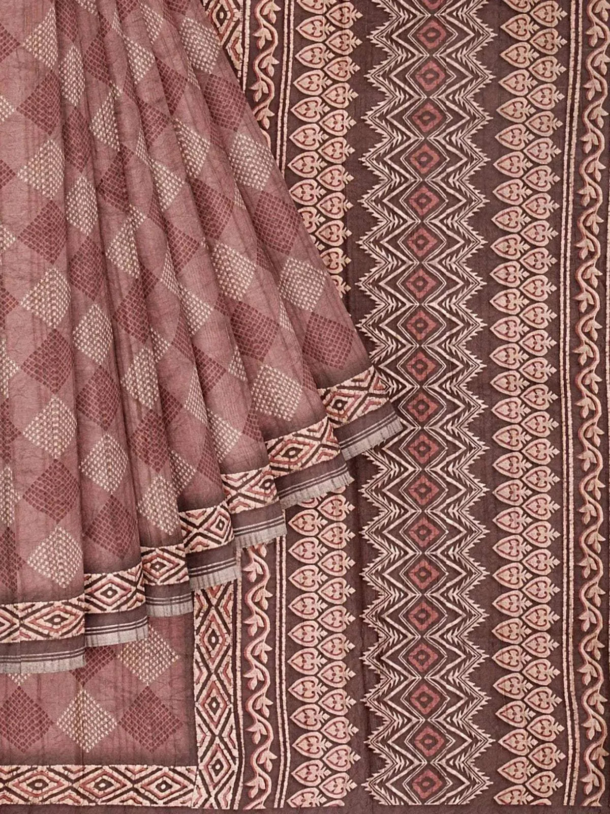 Brown Jute Cotton Saree with Checks Design on the body and Printed Border - Diadem
