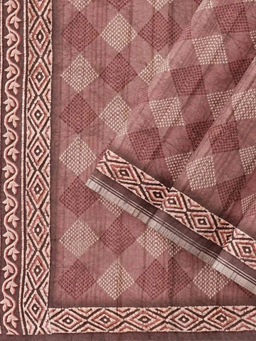 Brown Jute Cotton Saree with Checks Design on the body and Printed Border - Diadem