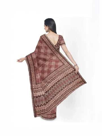 Brown Jute Cotton Saree with Checks Design on the body and Printed Border - Diadem