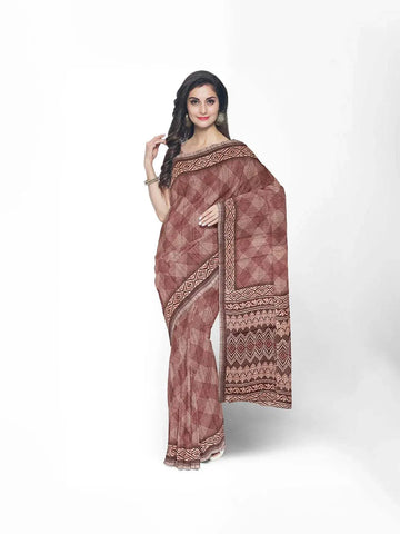 Brown Jute Cotton Saree with Checks Design on the body and Printed Border - Diadem