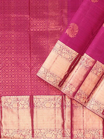 Dark Pink Pure Kanchipuram Pattu Saree with Peacock Motif on the body and Zari Border - Diadem