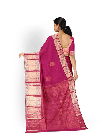 Dark Pink Pure Kanchipuram Pattu Saree with Peacock Motif on the body and Zari Border - Diadem