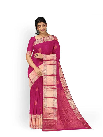 Dark Pink Pure Kanchipuram Pattu Saree with Peacock Motif on the body and Zari Border - Diadem