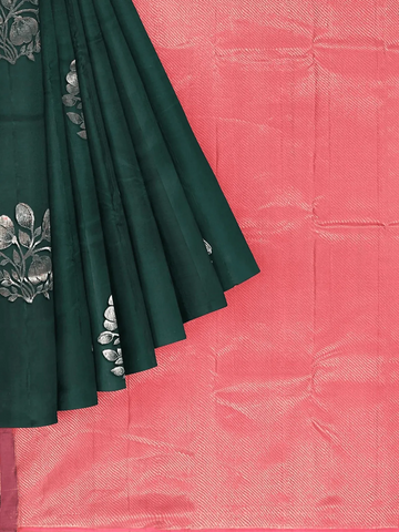 Dark Green Pure Kanchipuram Silk Saree with Floral Motif on the Body and without Border - Diadem