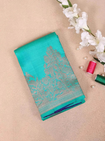 Teal Blue Pure Kanchipuram Bridal Silk Saree with Tree Motif on the Body and Zari Border - Diadem