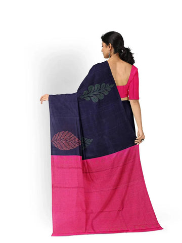 Dark Blue Pure Kanchipuram Bridal Silk Saree with Floral Motif on the Body and without Border - Diadem
