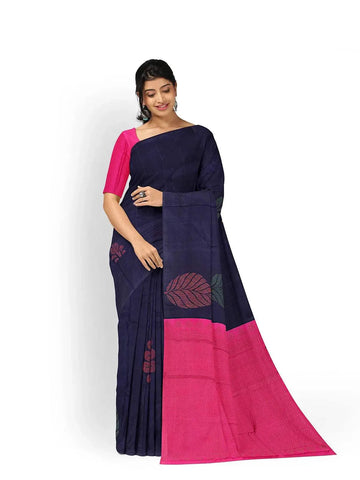 Dark Blue Pure Kanchipuram Bridal Silk Saree with Floral Motif on the Body and without Border - Diadem