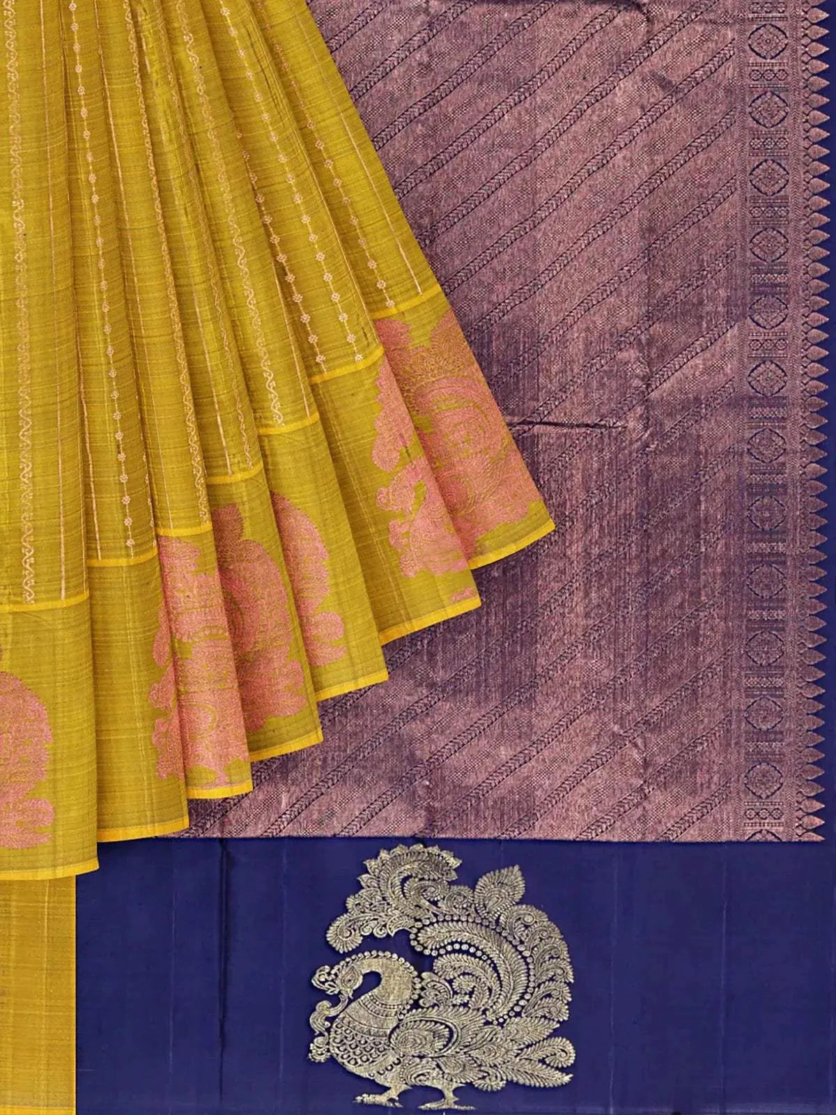 Green Pure Kanchipuram Bridal Silk Saree with Zari Butta on the Body and without Border - Diadem