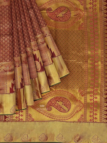 Brown Pure Kanchipuram Bridal Silk Saree with Paisley Motif on the body and Dense Zari Border - Diadem