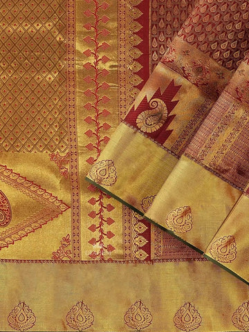 Brown Pure Kanchipuram Bridal Silk Saree with Paisley Motif on the body and Dense Zari Border - Diadem