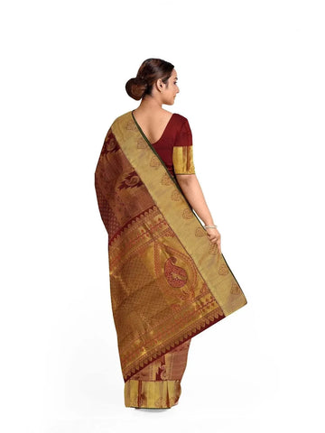 Brown Pure Kanchipuram Bridal Silk Saree with Paisley Motif on the body and Dense Zari Border - Diadem