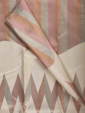 White Pure Kanchipuram Silk Saree with Chevron Design on the Body without Border - Diadem