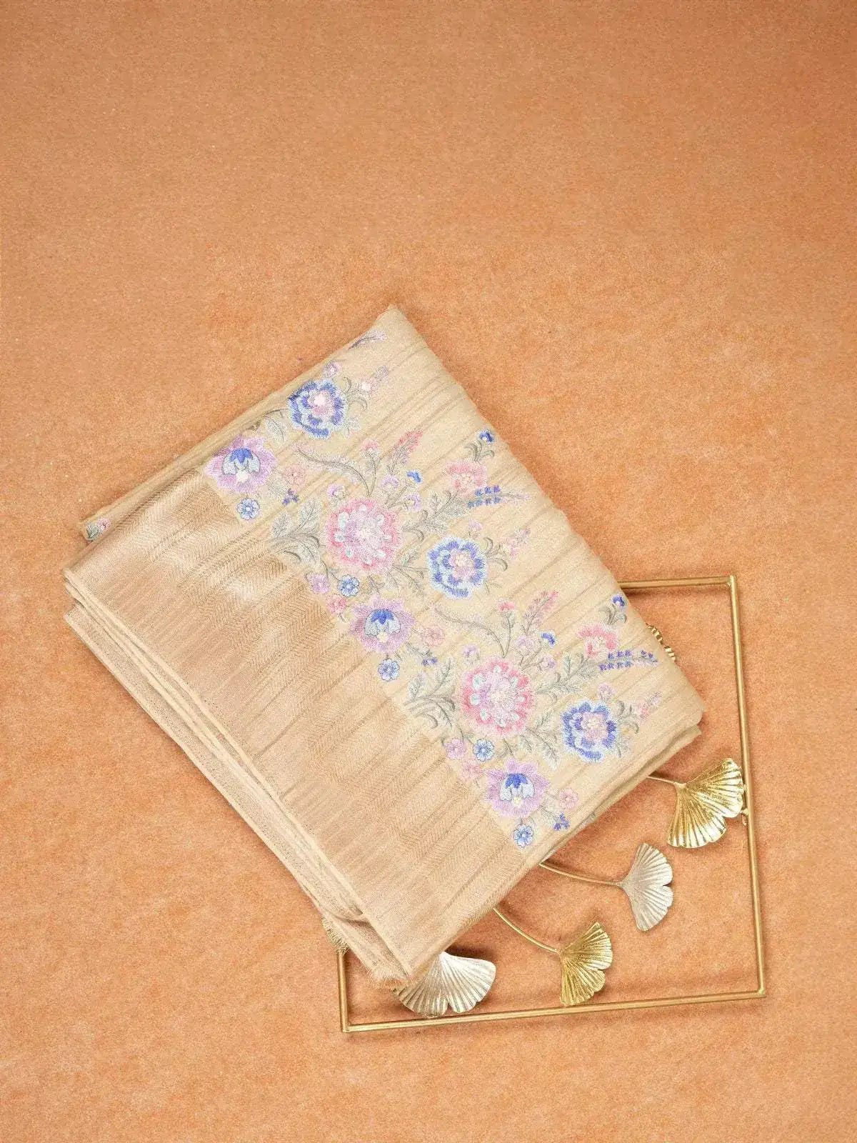 Beige Tussar Silk Saree with Floral designs on the Body and with Designed Border - Diadem