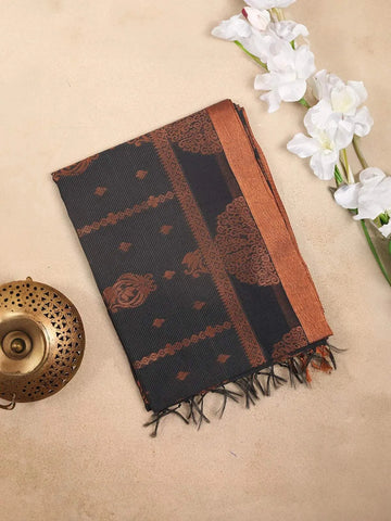 Navy Blue Silk Cotton Saree with Floral Motifs on the Body with Zari Border - Diadem