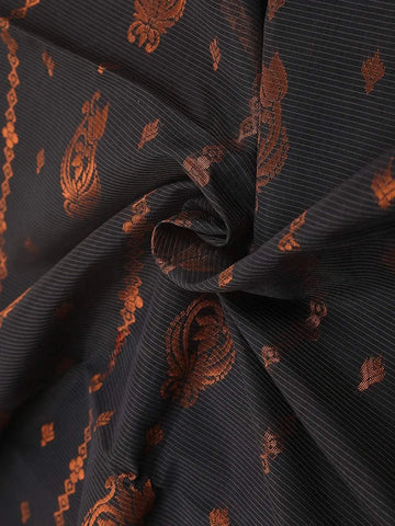 Navy Blue Silk Cotton Saree with Floral Motifs on the Body with Zari Border - Diadem