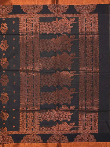 Navy Blue Silk Cotton Saree with Floral Motifs on the Body with Zari Border - Diadem