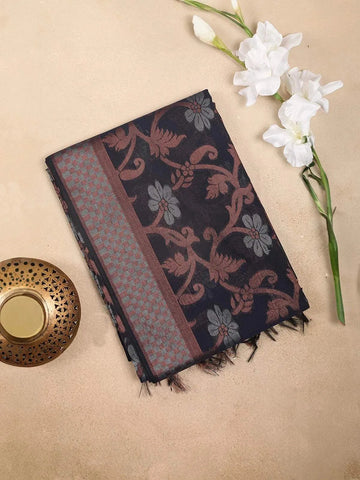 Navy Blue Silk Cotton Saree with Floral Design on the Body with Mat Checks Border - Diadem