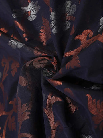 Navy Blue Silk Cotton Saree with Floral Design on the Body with Mat Checks Border - Diadem