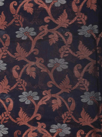 Navy Blue Silk Cotton Saree with Floral Design on the Body with Mat Checks Border - Diadem